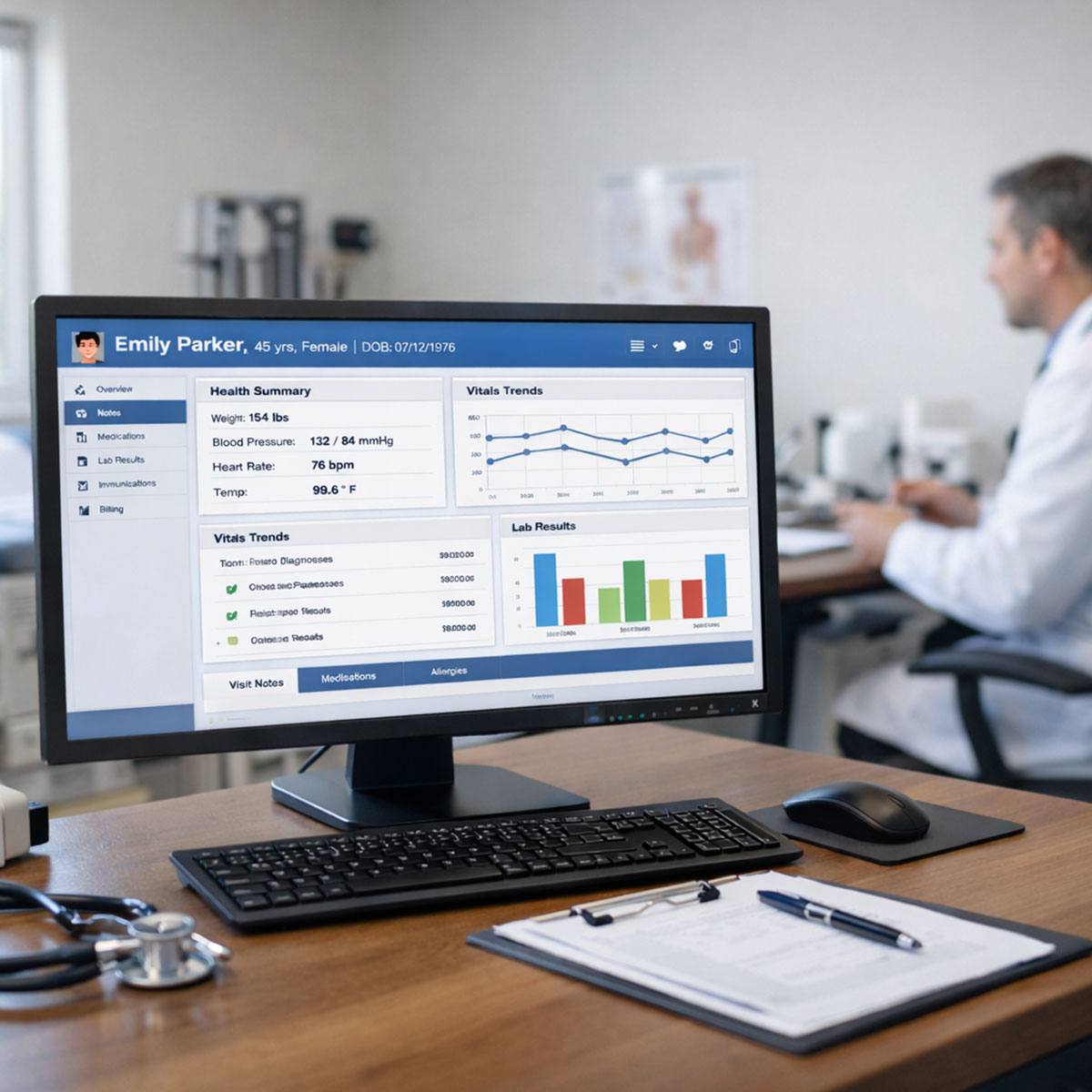 Healthcare provider reviewing patient records on screen